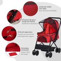 PawHut Carrinho para Animais de Estimação Dobrável Carro para Cães e Gatos com Capô Ajustável Cesta de Armazenamento Cinto de Segurança Tecido Oxford 600D Aço 76,5x52x95cm Vermelho(m-8)