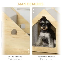 PawHut Casa para Cães de Madeira Casa de Interior para Cães com Comedouro 2 Tigelas de Aço Inoxidável e Almofada Suave Removível 62x40x54cm Carvalho e Cinza(m-7)