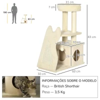 PawHut Árvore Arranhador para Gatos Torre para Gatos com Cama Caverna  Bola Suspensa Postes e Rampa de Sisal 60x30x83cm Bege(m-3)