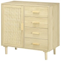 HOMCOM Aparador Sala de Estar Estilo Cannage com Porta de Vime 4 Gavetas e Pés de Madeira de Pinho 80x38x80,5 cm Madeira(m-11)