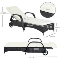 Outsunny Espreguiçadeira de Vime Jardim Espreguiçadeira com Encosto Ajustável em 5 Posições Almofadas Acolchoadas Apoio para a Cabeça e 2 Rodas 200x73x56-103cm Preto e Bege(m-3)