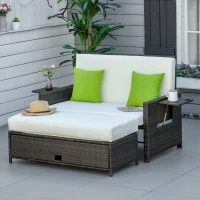 Outsunny Sofá de Vime de 2 Lugares com Mesas Laterais e Apoio para os Pés com Armazenamento Sofá de Jardim com Encosto Inclinável e Almofadas com Capas Removíveis 130x72x96cm Marrom e Bege(m-2)