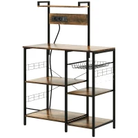 HOMCOM Estante de Cozinha com Ficha 2 Carregadores Prateleira Ajustável USB 5 Gancho em S e Cesta Amovível 90x42x130 cm Marrom Rústico(m-11)