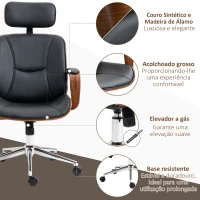 Vinsetto Cadeira de Escritório Operativa de Couro PU com Apoio para a Cabeça Amovível Altura Ajustável 63x62x110-120cm Preto e Madeira(m-7)
