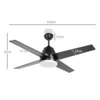 HOMCOM Ventoinha de Teto com Luz 46W Ø129 cm com 4 Lâminas Reversíveis Controlo Remoto 6 Velocidades e Temporizador Preto(m-3)