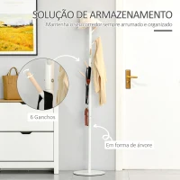 HOMCOM Cabide de Pé de Madeira com 6 Ganchos para Roupa Bolsas e Estrutura de Metal 35x35x174cm Branco e Madeira(m-4)