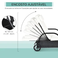 Outsunny Espreguiçadeira de Vime Jardim Espreguiçadeira com Encosto Ajustável em 5 Posições Almofadas Acolchoadas Apoio para a Cabeça e 2 Rodas 200x73x56-103cm Preto e Bege(m-6)