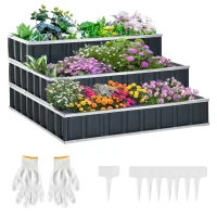 Outsunny Caixa de Plantio de 3 Alturas para Jardim com Luvas Caixa de Plantio para Cultivos de Plantas Flores para Terraço Exterior 118x118x62cm Cinza(m-10)