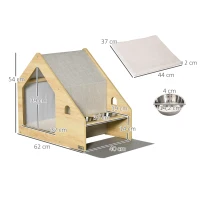 PawHut Casa para Cães de Madeira Casa de Interior para Cães com Comedouro 2 Tigelas de Aço Inoxidável e Almofada Suave Removível 62x40x54cm Carvalho e Cinza(m-3)