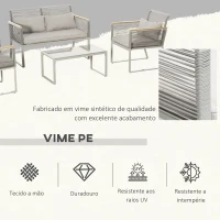 Outsunny Conjunto de Móveis de Jardim Vime 4 Peças Sofá Duplo 2 Poltronas Individuais e Mesa de Centro com Vidro com Almofadas para Exterior Terraço Cinza(m-4)