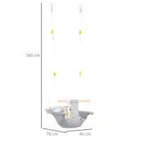 Outsunny Baloiço para Bebé Baloiço de Madeira Infantil com Altura Ajustável Almofada Acolchoada e Cinto de Segurança para Interior e Exterior Carga Máxima 80kg 70x45x160cm Cinza(m-3)