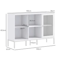HOMCOM Aparador de Cozinha com Porta de Malha 4 Compartimentos Abertos e Estante Ajustável para Sala 120x37x81,5 cm Branco(m-3)