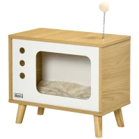 PawHut Mesa Auxiliar Casa para Gatos Estilo Televisor com Almofada Suave Lavável Bola e Pés Elevados 50x28x43cm Carvalho(m-11)