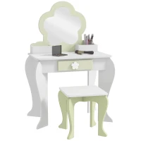 ZONEKIZ Kids Vanity Table with Mirror and Stool, Drawer, Storage Boxes, Flower Design, for Ages 3-6 Years - White(m-1)