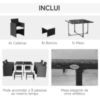 Outsunny Conjunto de Móveis de Vime PE para Jardim Conjunto de 9 peças Mesa Cadeiras e Bancos com Almofadas para Exterior Preto(m-5)