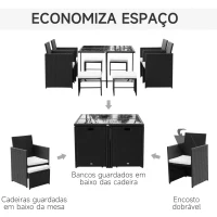 Outsunny Conjunto de Móveis de Vime PE para Jardim Conjunto de 9 peças Mesa Cadeiras e Bancos com Almofadas para Exterior Preto(m-6)