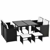 Outsunny Conjunto de Móveis de Vime PE para Jardim Conjunto de 9 peças Mesa Cadeiras e Bancos com Almofadas para Exterior Preto(m-10)