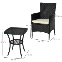 Outsunny Conjunto de móveis de vime ao ar livre 1 mesa 2 Cadeiras Estrutura Metálica Preta(m-3)