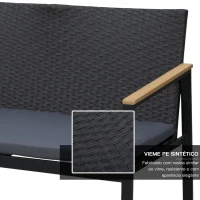 Outsunny Conjunto de Móveis de Vime e 4 Peças com Almofadas Acolchoadas 2 Poltronas 1 Sofá Duplo e Mesa de Centro Preto(m-5)