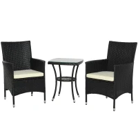 Outsunny Conjunto de móveis de vime ao ar livre 1 mesa 2 Cadeiras Estrutura Metálica Preta(m-1)