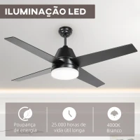 HOMCOM Ventoinha de Teto com Luz 46W Ø129 cm com 4 Lâminas Reversíveis Controlo Remoto 6 Velocidades e Temporizador Preto(m-5)