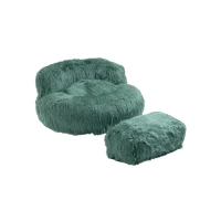 Fauteuil Fluffy confortable avec pouf, revêtement en fourrure synthétique, moderne pour salon, chambre à Coucher, Bleu(m-2)