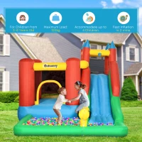 Outsunny Kids Inflatable Bouncy Castle Water Slide 6 in 1 Bounce House Jumping Castle Water Pool Gun Climbing Wall Basketball Hoop with Air Blower for Summer Playland(m-5)