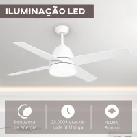 HOMCOM Ventoinha de Teto com Luz 46W Ø129 cm com 4 Lâminas Reversíveis Controlo Remoto 6 Velocidades e Temporizador Branco(m-5)