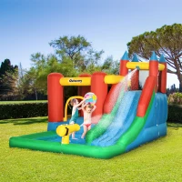 Outsunny Kids Inflatable Bouncy Castle Water Slide 6 in 1 Bounce House Jumping Castle Water Pool Gun Climbing Wall Basketball Hoop with Air Blower for Summer Playland(m-2)