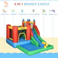 Outsunny Kids Inflatable Bouncy Castle Water Slide 6 in 1 Bounce House Jumping Castle Water Pool Gun Climbing Wall Basketball Hoop with Air Blower for Summer Playland(m-4)
