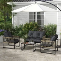 Outsunny Set de Mobilier de Gradina din 4 Piese PE Rattan cu Canapea Dubla, Fotoliu si Masuta de Cafea din Sticla, 106x70x72 cm(m-2)