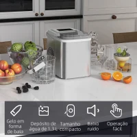 HOMCOM Máquina de Fazer Gelo Silenciosa com Produção de 12 kg em 24 Horas 9 Cubos de Gelo em 6-13 Minutos 22,8x30,3x29 cm Branco(m-8)