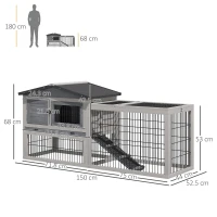 PawHut Rabbit Hutch Outdoor, Wooden Guinea Pig Hutch with Rabbit Run 2 Level Design Water Resistant Openable Roof 150 x 52.5 x 68 cm, Grey(m-3)