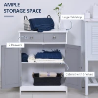 kleankin 75x60cm Freestanding Bathroom Storage Cabinet Unit w/ 2 Drawers Cupboard Adjustable Shelf Metal Handles Traditional Style Grey White(m-4)
