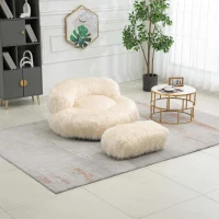 Fauteuil Fluffy confortable avec pouf, revêtement en fourrure synthétique, moderne pour salon, chambre à Coucher, Beige(m-1)