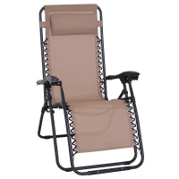 Outsunny Zero Gravity Chair Metal Frame Texteline Armchair Outdoor Folding and Reclining Sun Lounger with Head Pillow for Patio Decking Gardens Camping, Beige(m-1)