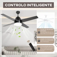 HOMCOM Ventoinha de Teto com Luz 46W Ø129 cm com 4 Lâminas Reversíveis Controlo Remoto 6 Velocidades e Temporizador Preto(m-7)