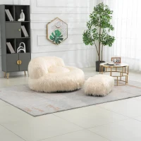 Fauteuil Fluffy confortable avec pouf, revêtement en fourrure synthétique, moderne pour salon, chambre à Coucher, Beige(m-7)
