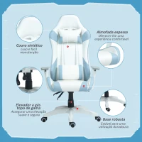 HOMCOM Cadeira Gaming Reclinável com Almofada Lombar Apoio de Cabeça Basculante e Altura Ajustável 67x60x120-128 cm Branco e Azul(m-8)