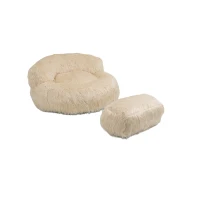 Fauteuil Fluffy confortable avec pouf, revêtement en fourrure synthétique, moderne pour salon, chambre à Coucher, Beige(m-2)