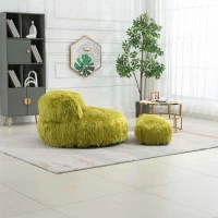 Fauteuil Fluffy confortable avec pouf, revêtement en fourrure synthétique, moderne pour salon, chambre à Coucher, Vert(m-7)