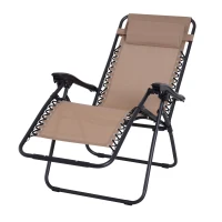 Outsunny Zero Gravity Chair Metal Frame Texteline Armchair Outdoor Folding and Reclining Sun Lounger with Head Pillow for Patio Decking Gardens Camping, Beige(m-12)
