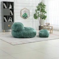 Fauteuil Fluffy confortable avec pouf, revêtement en fourrure synthétique, moderne pour salon, chambre à Coucher, Bleu(m-7)