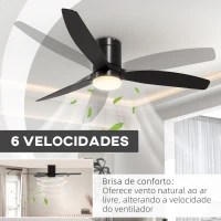 HOMCOM Ventoinha de Teto com Luz 46W Ø132 cm com 3 Lâminas Reversíveis Controlo Remoto 6 Velocidades e Temporizador Preto(m-4)