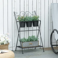 Suport pentru plante din Metal Pliabil Outsunny cu 3 Ghivece, Raft pentru Plante cu Etajera pentru Casa si Gradina, 47x37x78,5 cm, Negru(m-2)