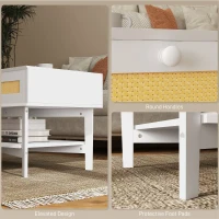 HOMCOM Mesa de Centro com 2 Gavetas Decorativas de Vime e Prateleira Inferior para Sala de Estar Escritório 100x50x50 cm Branco(m-6)