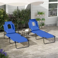 Outsunny Outdoor Foldable Sun Lounger Set of 2, 4 Level Adjustable Backrest Reclining Sun Lounger Chair with Pillow and Reading Hole, Blue(m-2)