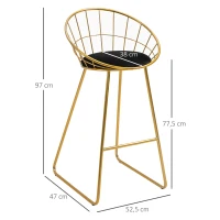 HOMCOM Conjunto de 2 Bancos Altos de Cozinha com Assento em Tecido Cadeiras Acapulco com Encosto e Apoio para os Pés 52,5x47x97 cm Dourado(m-3)