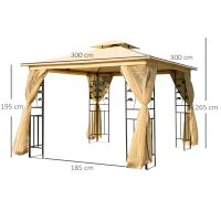 Outsunny Pérgola de Jardim com Estrutura de Aço Teto Duplo 6 Cortinas Laterais 8 Orifícios de Drenagem 300x400x280 cm Creme(m-3)
