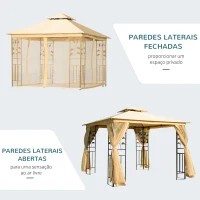 Outsunny Pérgola de Jardim com Estrutura de Aço Teto Duplo 6 Cortinas Laterais 8 Orifícios de Drenagem 300x400x280 cm Creme(m-4)